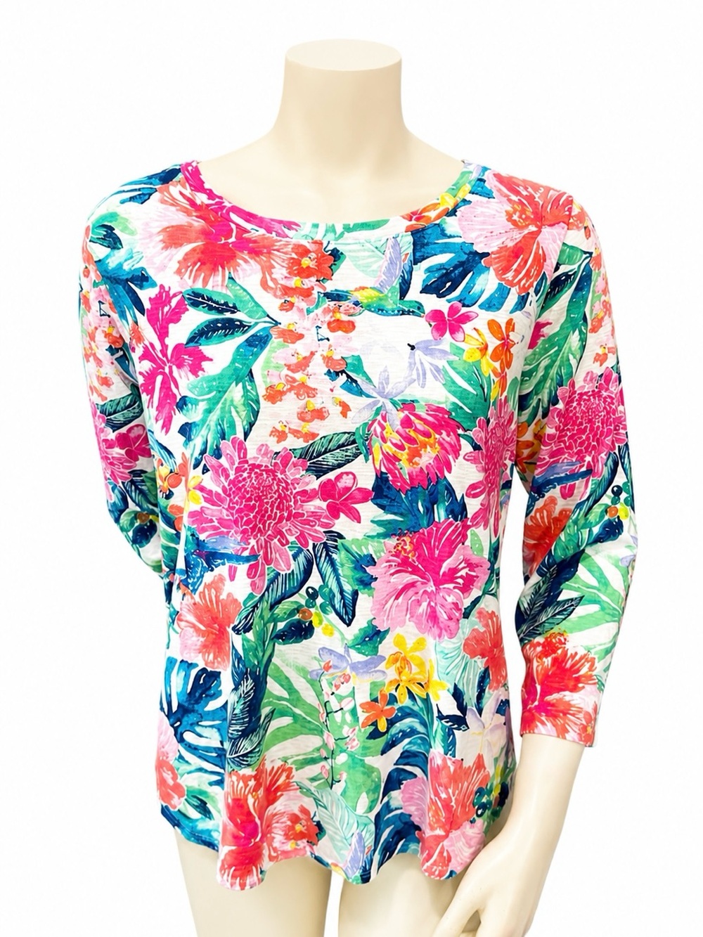 Tommy Bahama Top Medium Tropical Floral Cotton 3/4 Sleeve Resort Beach - Picture 2 of 8